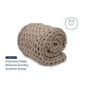 A chunky, beige Knit Weighted Blanket is rolled up, with text stating: Benefits—Improves Sleep, Reduces Anxiety, Soothes Stress. A simple bear face line drawing appears in the top right corner.