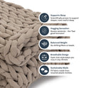 A close-up of the beige Knit Weighted Blanket with five icons: supports sleep, hugging sensation, balanced weight, breathable design, and sustainably made from recycled plastic bottles.