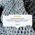 A close-up of thick, braided gray knit forms the background. Overlaid is a five-star review from Mary D., praising the Knit Weighted Blanket for its comfort and quality.