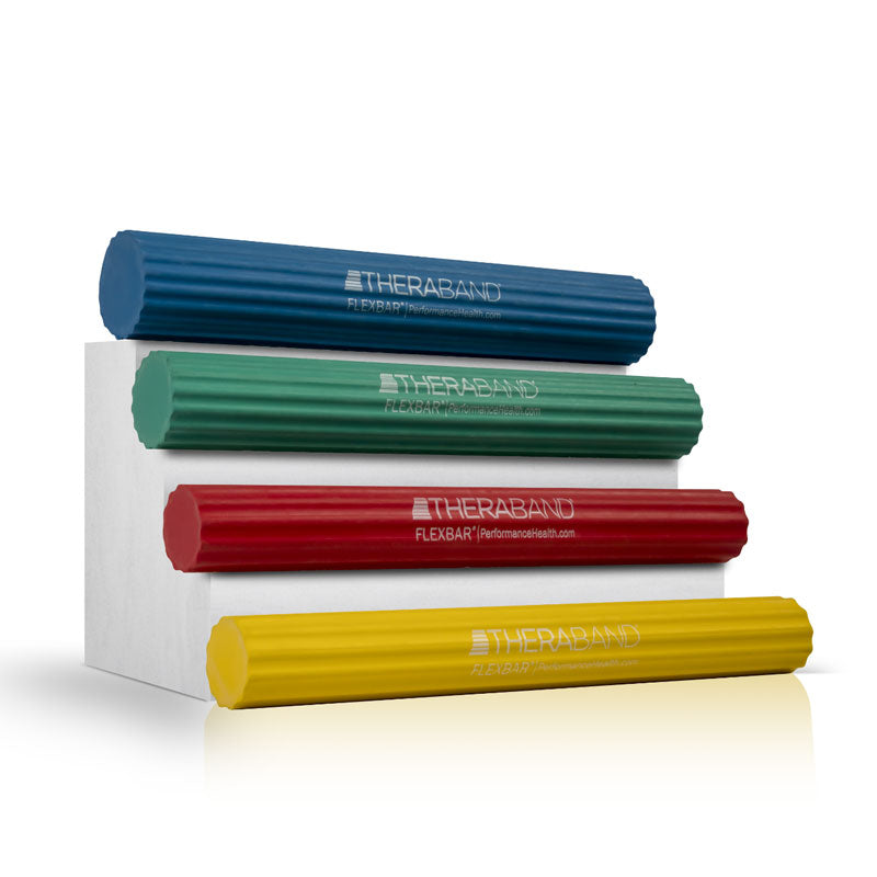 Four ridged, cylindrical THERABAND FlexBar Twist Bars in blue, green, red, and yellow, stacked together for forearm exercises.