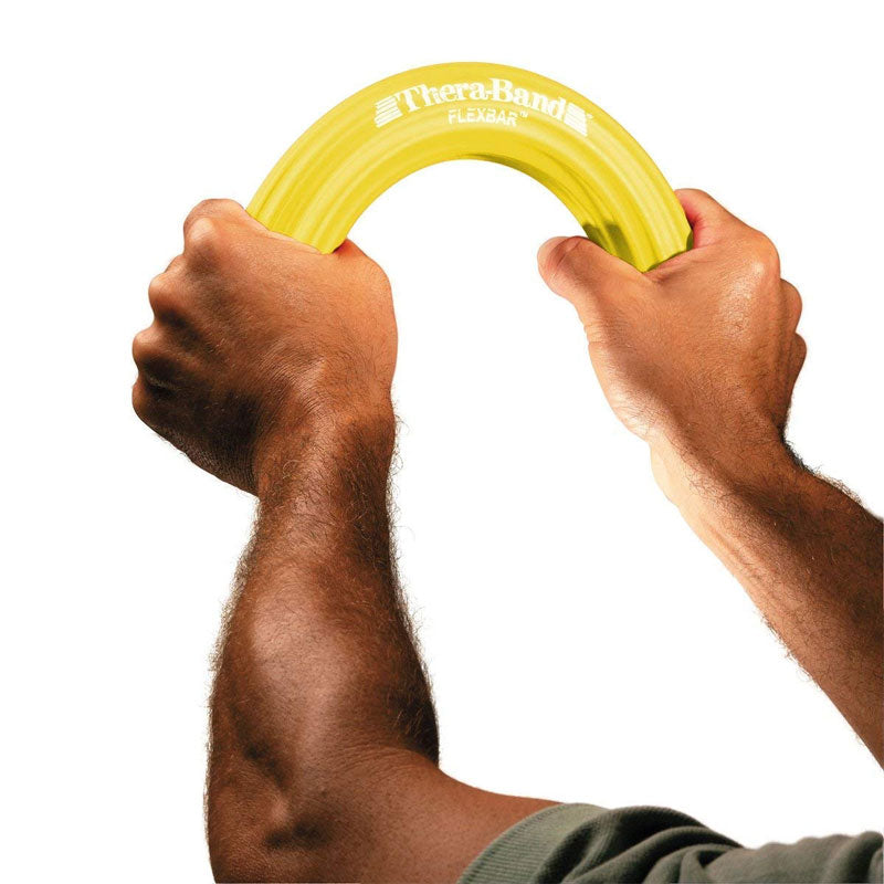 Hands bending a yellow THERABAND FlexBar Twist Bar to improve grip strength.