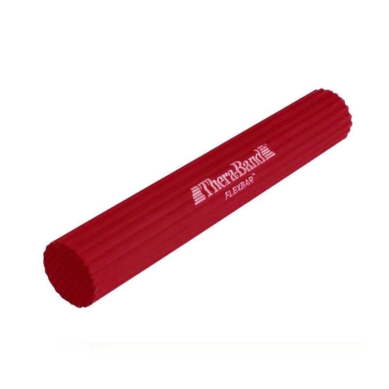 A red THERABAND FlexBar Twist Bar with a ridged, cylindrical surface designed for forearm exercises.