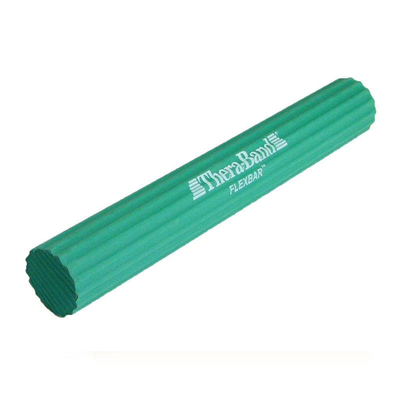 Green, cylindrical THERABAND FlexBar Twist Bar with a ridged texture used for grip strength.