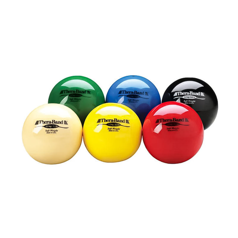 Six spherical THERABAND Soft Weights for Hands & Wrists for grip strength arranged in two rows.
