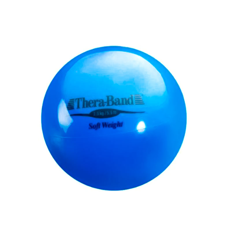 A blue 2.5 kg / 5.5 lb spherical THERABAND Soft Weights for Hands & Wrists used for grip strength and balance practice.