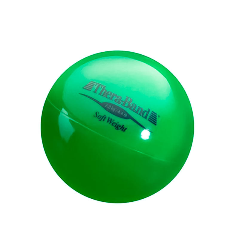 Green spherical THERABAND Soft Weights for Hands & Wrists, labeled 2.0 kg / 4.4 lb, ideal for grip strength.
