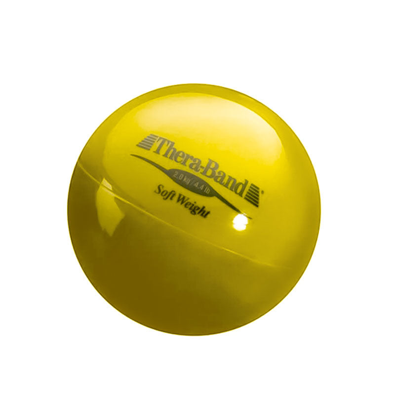 Yellow 2.0 kg / 4.4 lb spherical THERABAND Soft Weights for Hands & Wrists for balance practice.
