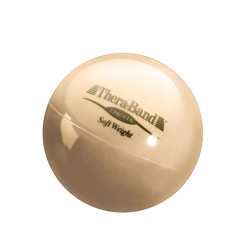 A beige THERABAND Soft Weights for Hands & Wrists weighted ball for grip strength, labeled with a weight of 2.0 kg/4.4 lb.