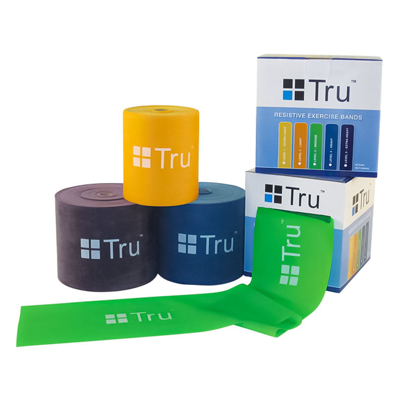 Four rolls of TruMedical Resistance Band Roll (50 ft) in yellow, purple, blue, and green, with a matching box displaying the range of tension levels for mobility exercises.
