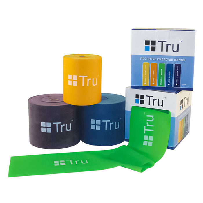 Four rolls of TruMedical Resistance Band Roll (50 ft) in yellow, purple, blue, and green, with a matching box displaying the range of tension levels for mobility exercises.