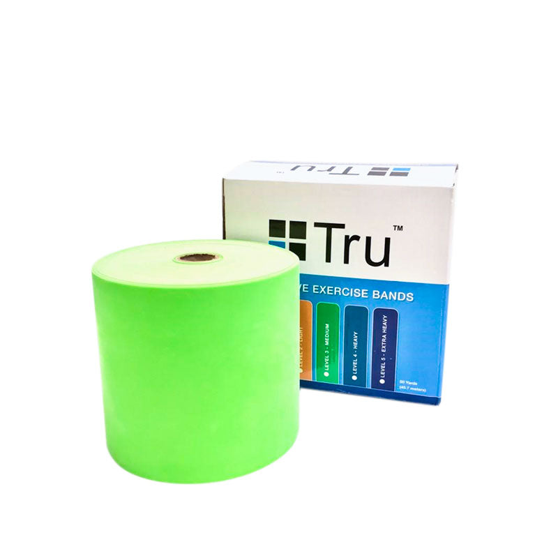 A light green roll of TruMedical Resistance Band Roll (50 ft) next to its rectangular product box.