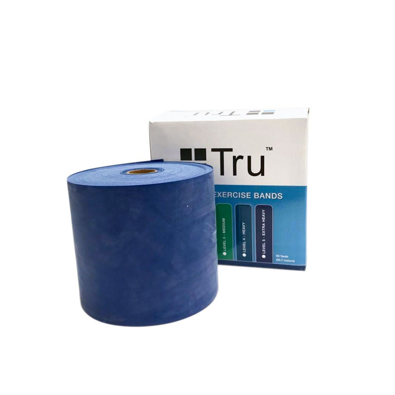 A roll of blue TruMedical Resistance Band Roll (50 ft) standing in front of its product box.
