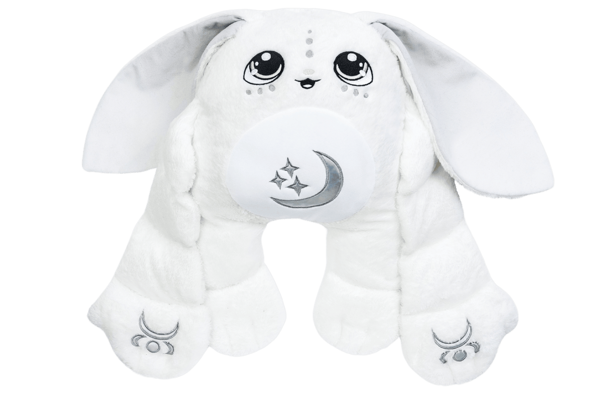 Snowball the Moon Pal – 5 lb Weighted Plush is a white plush rabbit with large eyes, long ears, and silver moon and star embroidery on its chest and feet.
