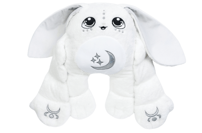 Snowball the Moon Pal – 5 lb Weighted Plush is a white plush rabbit with large eyes, long ears, and silver moon and star embroidery on its chest and feet.