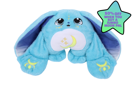 A blue Bo Jr. Moon Pal – 2.5 lb Kids Weighted Plush with long ears, large eyes, and a crescent moon and stars on its belly, next to a star-shaped sign advertising 50% off a jumbo moon pal.