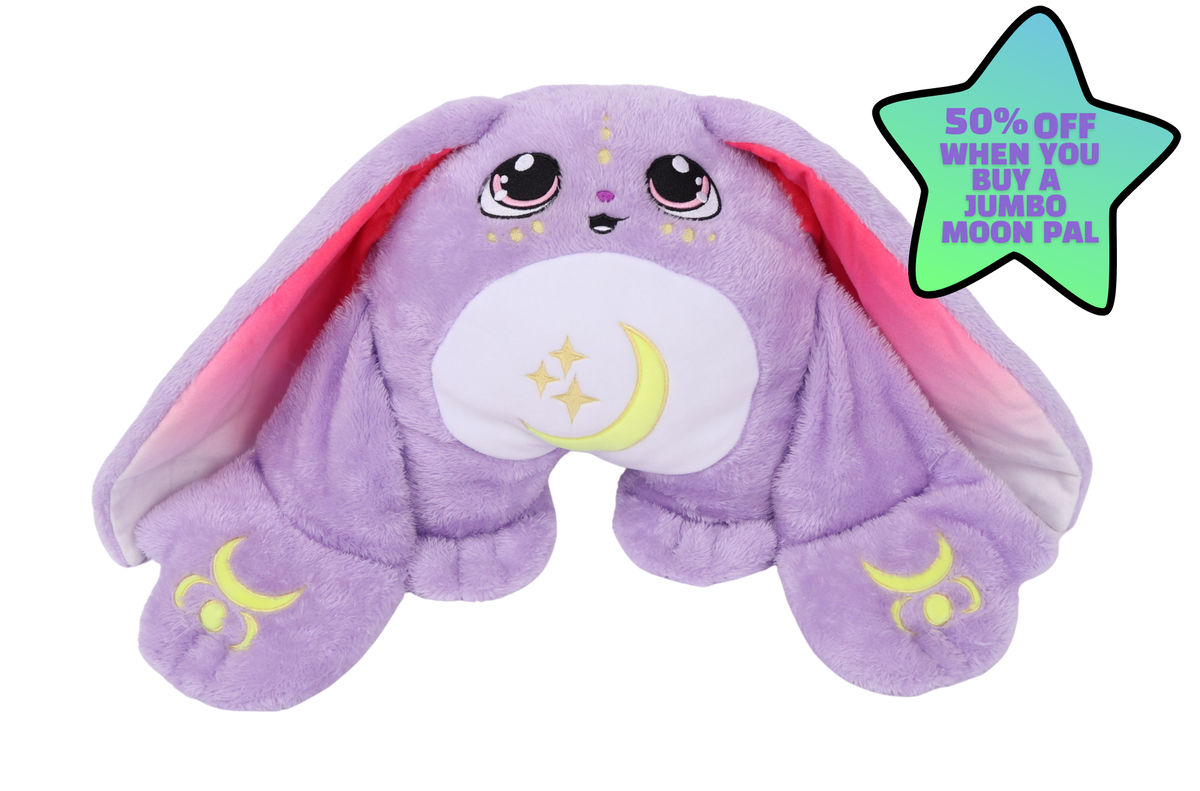 Opal Jr. Moon Pal – 2.5 lb Kids Weighted Plush, a purple rabbit with long ears and moon-and-star embroidery, featuring a star-shaped badge offering 50% off a jumbo moon pal to provide calming cuddles for kids’ bedtime.