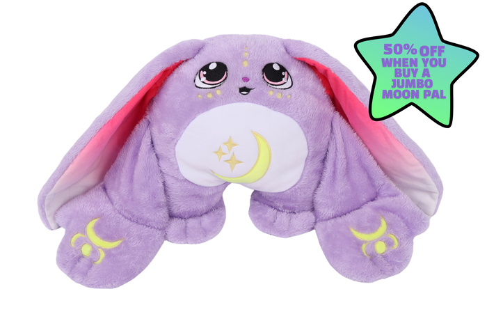 Opal Jr. Moon Pal – 2.5 lb Kids Weighted Plush, a purple rabbit with long ears and moon-and-star embroidery, featuring a star-shaped badge offering 50% off a jumbo moon pal to provide calming cuddles for kids’ bedtime.