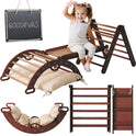 A smiling young girl plays on the Pikler Triangle Set for Toddlers in Chocolate, featuring a triangle ladder, climbing arch, slide board, and cushion. Extra images show various setups. A chalkboard-style sign reads GOODEVAS.