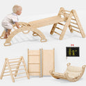 A toddler climbs the Pikler Triangle Set for Toddlers, featuring a triangle ladder, climbing arch, slide board, and cushion. Below, each piece is shown separately next to a small chalkboard drawing of two stick figures.