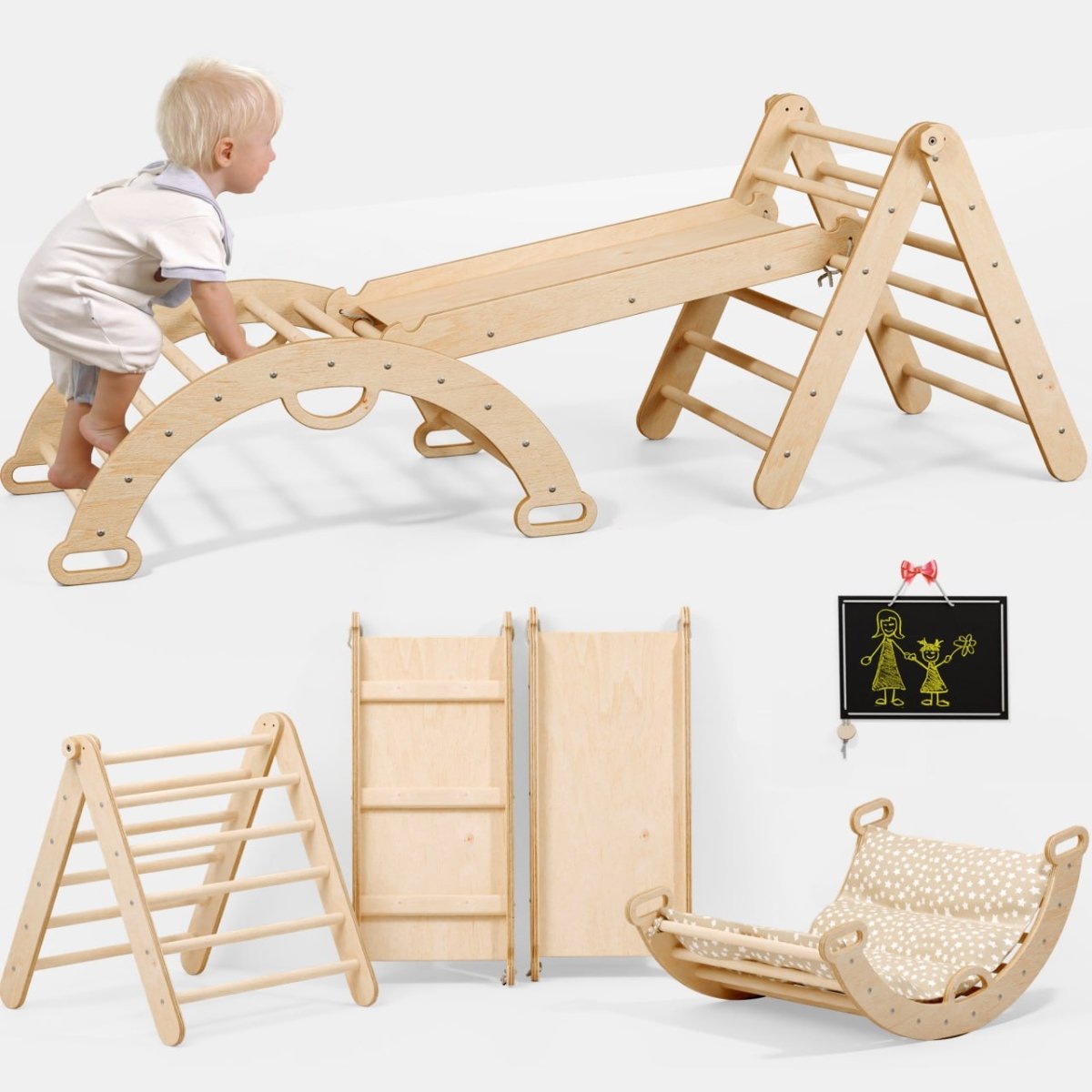 A toddler climbs the Pikler Triangle Set for Toddlers, featuring a triangle ladder, climbing arch, slide board, and cushion. Below, each piece is shown separately next to a small chalkboard drawing of two stick figures.