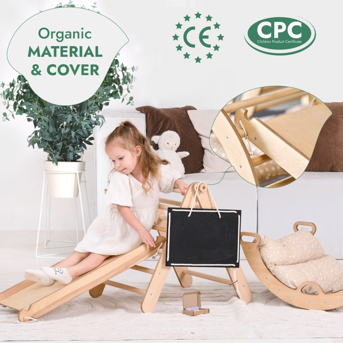A young girl in a white dress plays on the Pikler Triangle Set for Toddlers (Triangle Ladder, Climbing Arch, Slide Board, Cushion) in a cozy room. Highlights: organic materials & cover, CE/CPC certified, plus close-ups of this Montessori play set’s details.