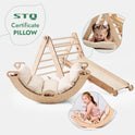 The Pikler Triangle Set for Toddlers includes a triangle ladder, climbing arch, slide board, and cushion. Two young girls smile as they play on this interactive set. STQ Certificate PILLOW is shown in the text.
