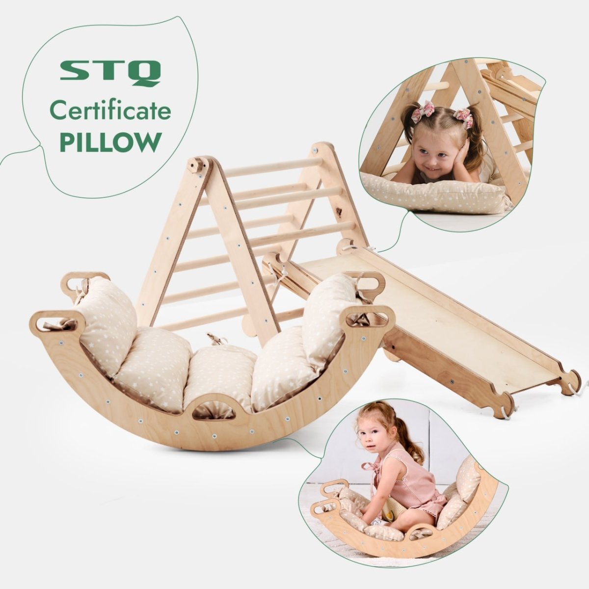 The Pikler Triangle Set for Toddlers includes a triangle ladder, climbing arch, slide board, and cushion. Two young girls smile as they play on this interactive set. STQ Certificate PILLOW is shown in the text.