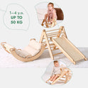 The Pikler Triangle Set for Toddlers includes a triangle ladder, climbing arch, slide board, and cushion. Shown with two young children playing; suitable for ages 1–4 years and supports up to 50 kg.
