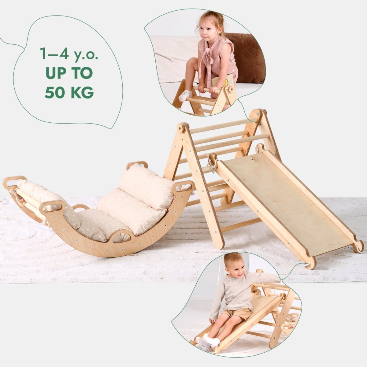 The Pikler Triangle Set for Toddlers includes a triangle ladder, climbing arch, slide board, and cushion. Shown with two young children playing; suitable for ages 1–4 years and supports up to 50 kg.