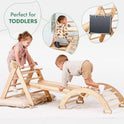Two toddlers enjoy the Pikler Triangle Set for Toddlers: one climbs the triangle ladder, another crawls on the climbing arch. Inset images show a child climbing and a chalkboard close-up. Text reads Perfect for TODDLERS.