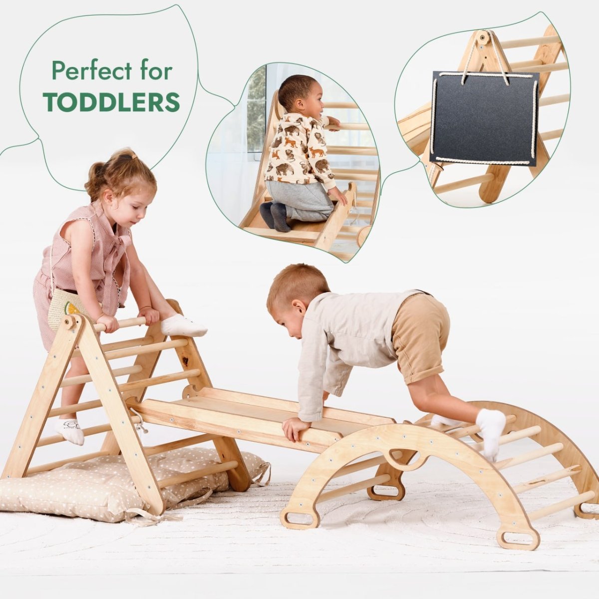 Two toddlers enjoy the Pikler Triangle Set for Toddlers: one climbs the triangle ladder, another crawls on the climbing arch. Inset images show a child climbing and a chalkboard close-up. Text reads Perfect for TODDLERS.