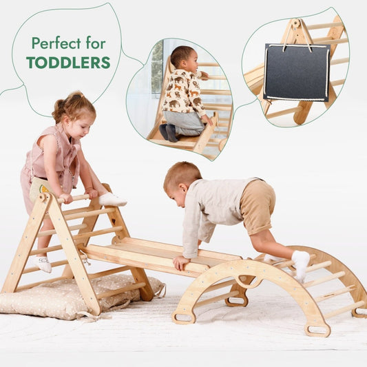 Two toddlers enjoy the Pikler Triangle Set for Toddlers: one climbs the triangle ladder, another crawls on the climbing arch. Inset images show a child climbing and a chalkboard close-up. Text reads Perfect for TODDLERS.
