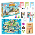 Pirate Island Story Comprehension Game featuring a treasure map, cards, four player pawns, a die, tokens, and a clue decoder envelope for interactive storytelling.