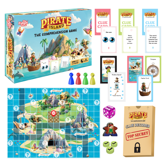 Pirate Island Story Comprehension Game featuring a treasure map, cards, four player pawns, a die, tokens, and a clue decoder envelope for interactive storytelling.