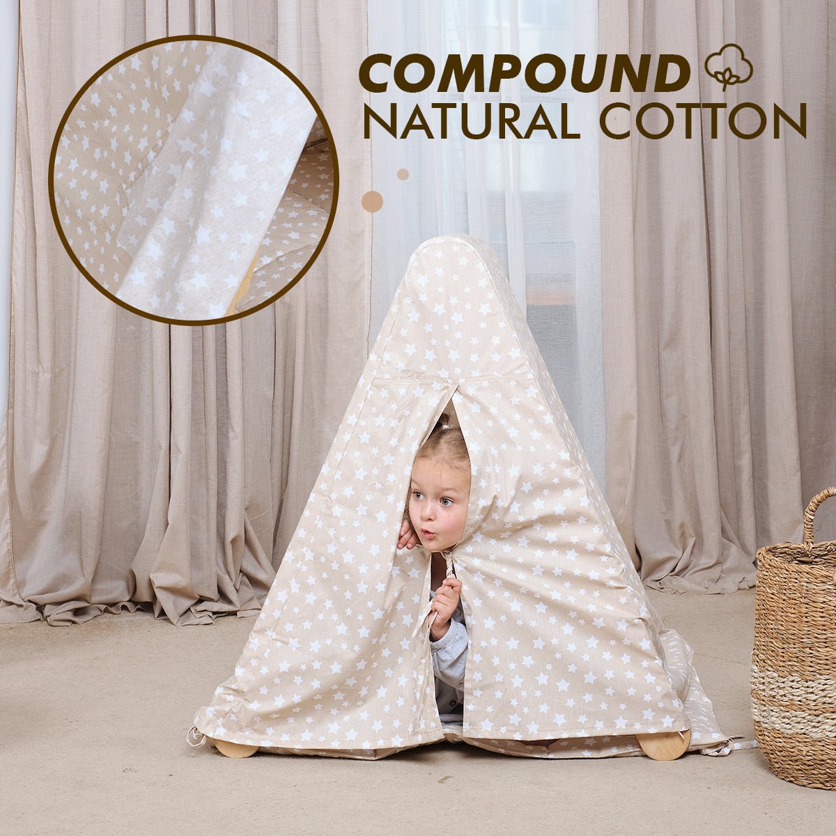 A young child peeks out from the Play Tent Cover with Mat for Climbing Triangle Ladder in beige with white stars, set up in a cozy room. “Compound Natural Cotton” appears over a close-up of the fabric, with a wicker basket nearby.