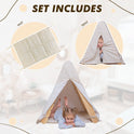 Promo image featuring the Play Tent Cover with Mat for Climbing Triangle Ladder—a charming children’s play set ideal as a kids’ teepee. The set includes a matching tent cover and a polka-dotted mat. Two smiling girls are shown: one inside the tent, the other lying on the mat. Text reads: SET INCLUDES: MAT, TENT COVER.