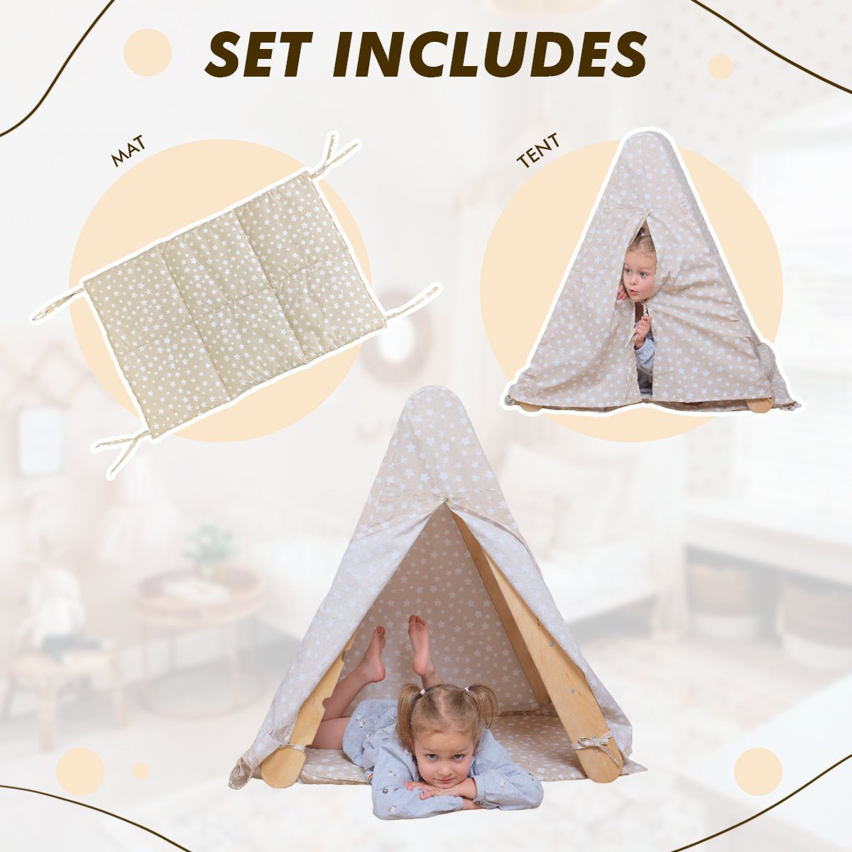 Promo image featuring the Play Tent Cover with Mat for Climbing Triangle Ladder—a charming children’s play set ideal as a kids’ teepee. The set includes a matching tent cover and a polka-dotted mat. Two smiling girls are shown: one inside the tent, the other lying on the mat. Text reads: SET INCLUDES: MAT, TENT COVER.
