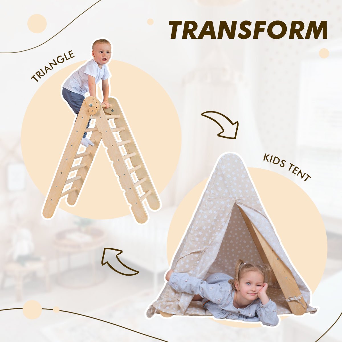 A baby climbs a Montessori triangle ladder, exploring new heights. An arrow points to the Play Tent Cover with Mat for Climbing Triangle Ladder, where a child lies inside. The background is a soft-toned, cozy room. The word TRANSFORM is at the top.