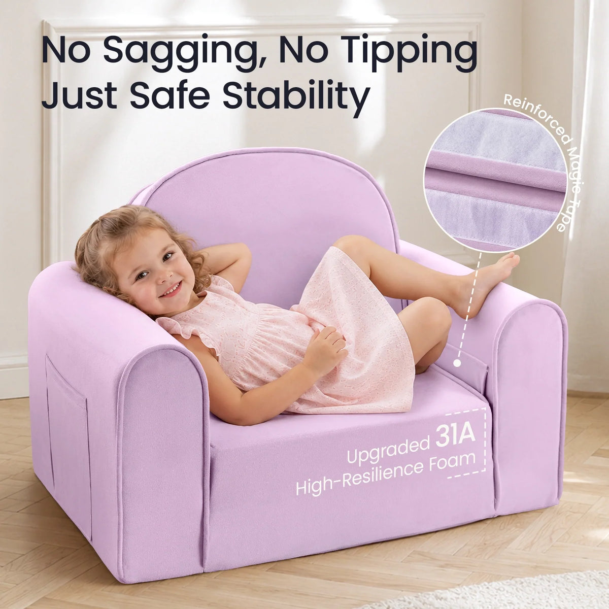 A child lounges in a light purple GentleSnug Flip-Open Kids Sofa & Nap Mat, with text overlays highlighting stability, reinforced tape, and high-resilience foam.
