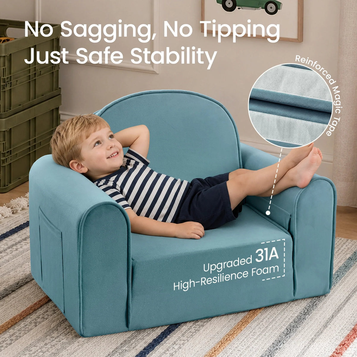 A young boy lies on a blue GentleSnug Flip-Open Kids Sofa & Nap Mat, with callouts highlighting the reinforced fastener and high-resilience foam, beneath text reading No Sagging, No Tipping, Just Safe Stability.