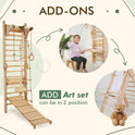The Swedish Ladder Set + Swing Gym 3in1 + Slide Board + Triangle Ladder features indoor wooden equipment with attachments like a rope and rings. Inset images show the art easel add-on in use by a child and with a teddy bear below, plus art set positions.