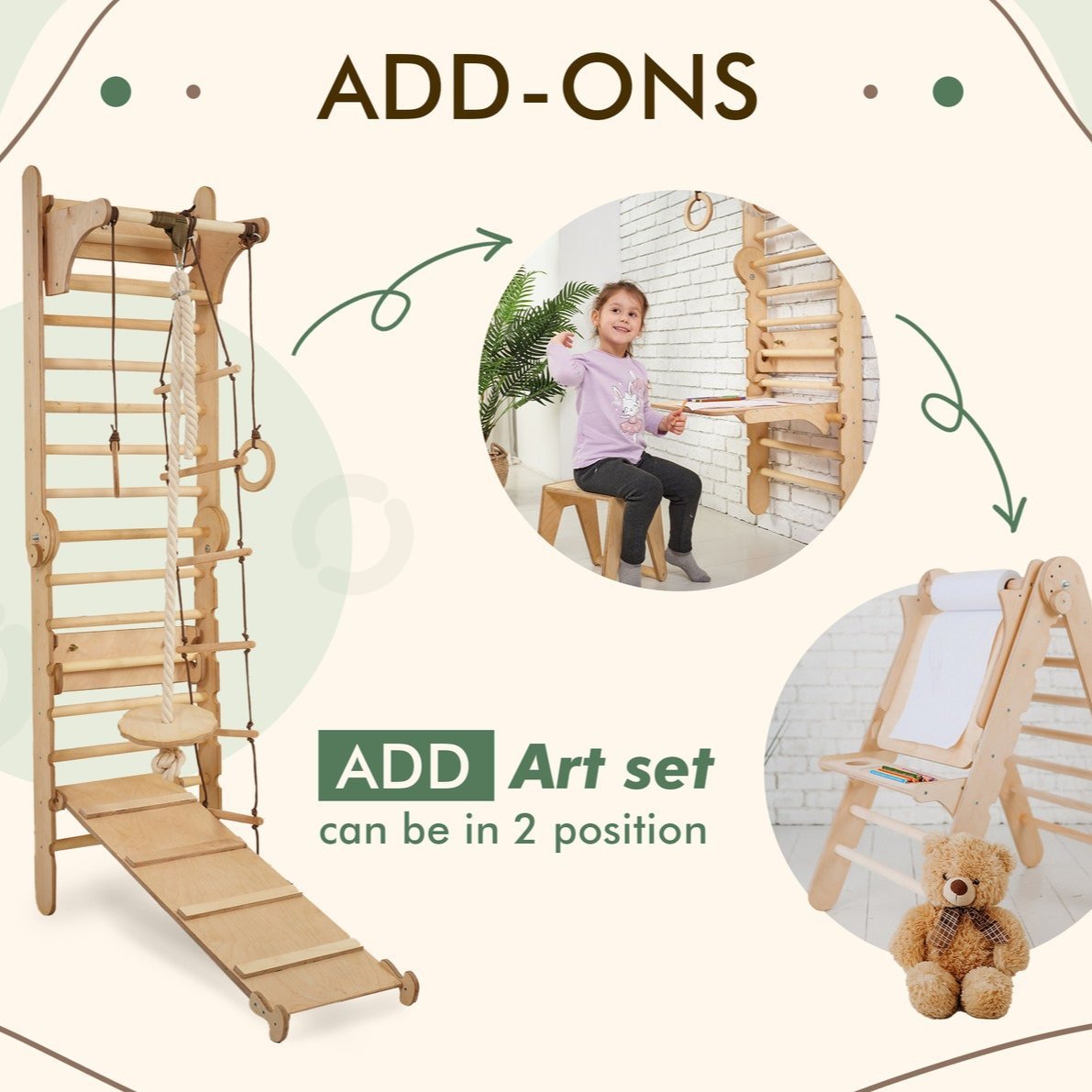 The Swedish Ladder Set + Swing Gym 3in1 + Slide Board + Triangle Ladder features indoor wooden equipment with attachments like a rope and rings. Inset images show the art easel add-on in use by a child and with a teddy bear below, plus art set positions.