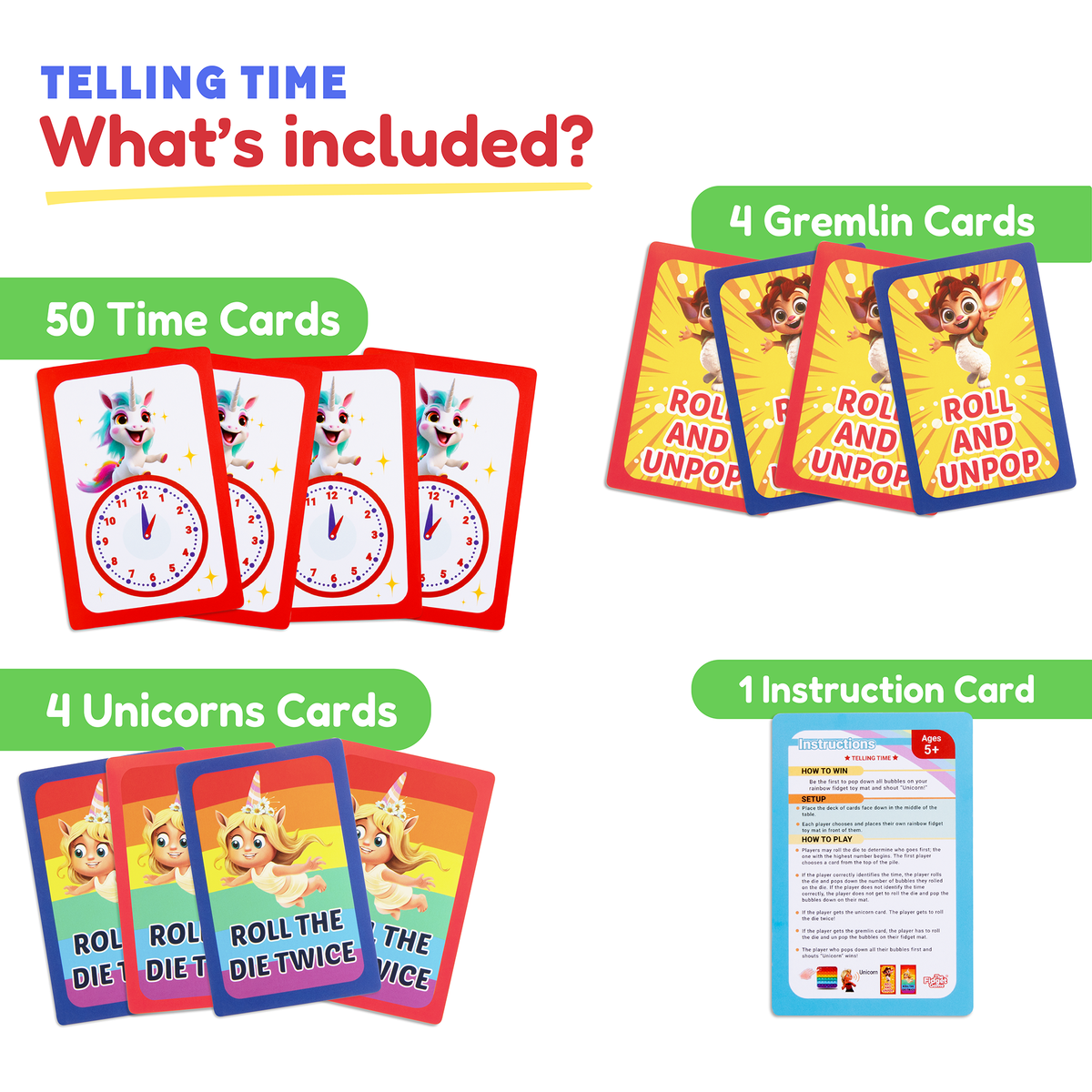 Telling Time Card Pack including 50 analog clock-themed time cards, 4 gremlin cards, 4 unicorn cards, and an instruction card for learning games.
