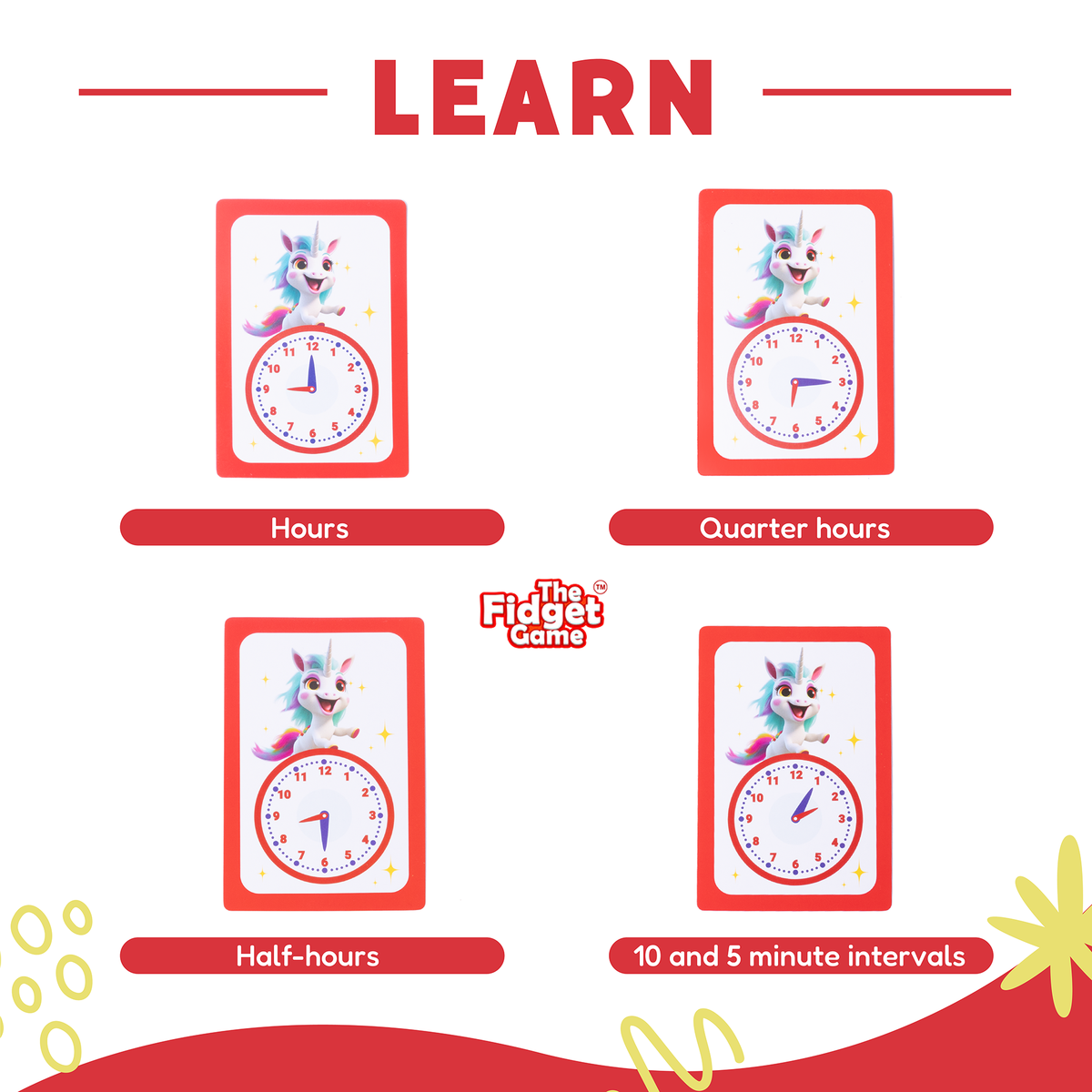 Four Telling Time Card Pack fidget mats, each featuring a cartoon unicorn above a clock face labeled to teach hours, quarter hours, half-hours, and 5 and 10 minute intervals.