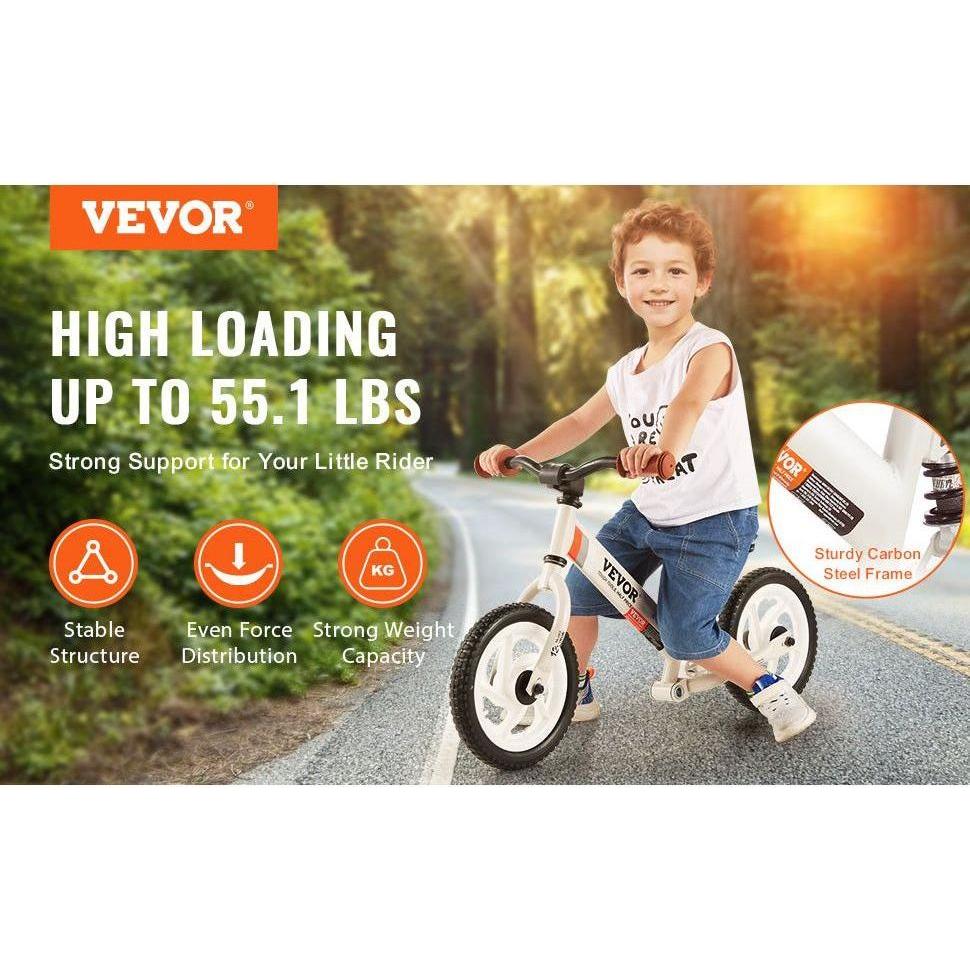 VEVOR 12" Carbon Steel Balance Bike for Toddlers - Adjustable Seat & Handlebar, EVA Foam Tires, Ideal for Boys & Girls Ages 1-5, Max Weight 55 lbs