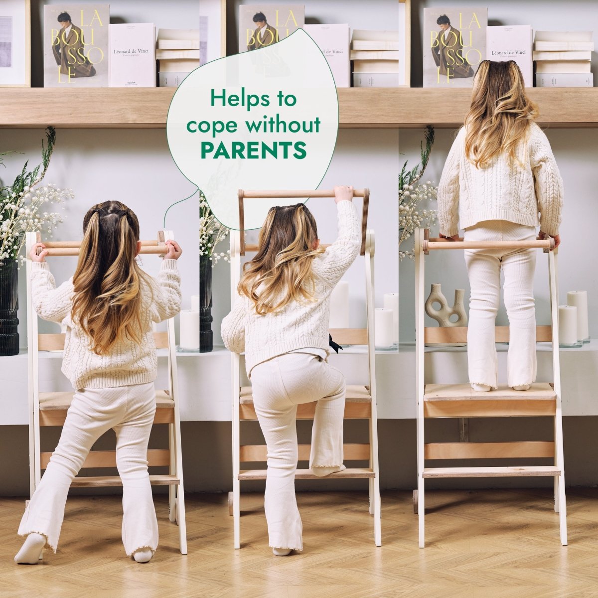 Three images show a young girl climbing the gray Toddler Tower: Foldable Step Stool for Toddlers indoors. Text above her reads, Helps to cope without PARENTS. Shelves with books and decor appear in the background.