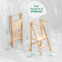 Two Toddler Tower: Foldable Step Stool for Toddlers – Gray are displayed: one folded (9.5x47x98.5 cm) and one unfolded (50x45x88 cm). Green text above says “Easy Transform & Storage.” The white background with shadow patterns highlights this practical, gray foldable step stool set for toddlers.