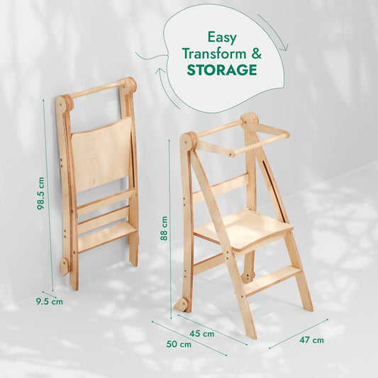 Two Toddler Tower: Foldable Step Stool for Toddlers – Gray are displayed: one folded (9.5x47x98.5 cm) and one unfolded (50x45x88 cm). Green text above says “Easy Transform & Storage.” The white background with shadow patterns highlights this practical, gray foldable step stool set for toddlers.