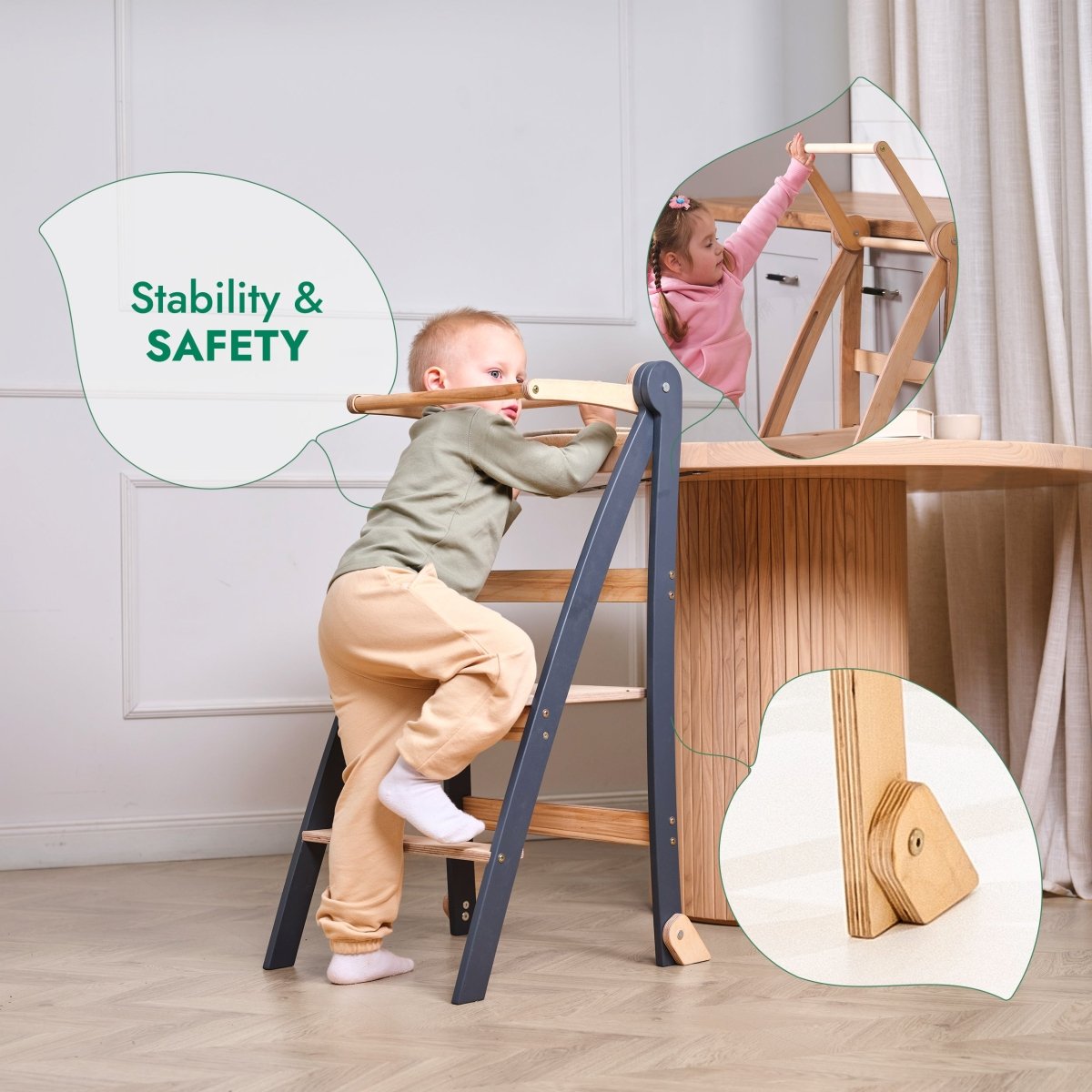 A toddler climbs the Helper Tower: A Multi-functional Foldable Step Stool for Kids beside a table, while an older child stands on top. Text reads Stability & SAFETY, with close-ups highlighting sturdy joints and structure—making this foldable step stool the perfect solution for curious little ones.