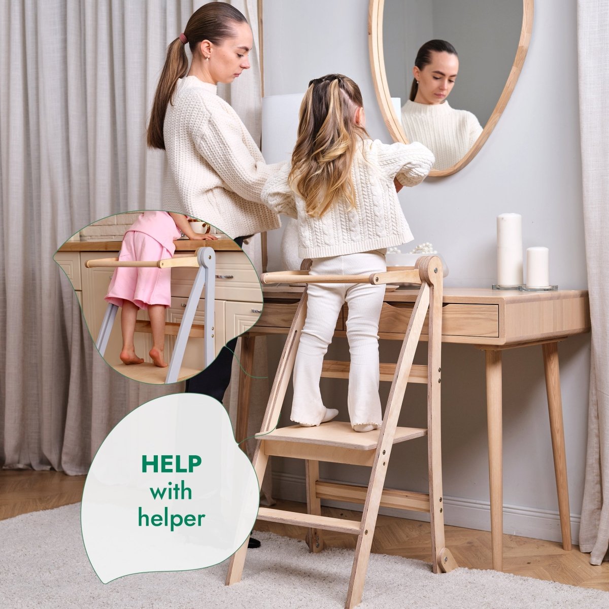 An adult and a child stand at a wooden vanity using the Toddler Tower: Foldable Step Stool for Toddlers - Gray. An inset highlights a close-up of the child’s feet on the step. Text reads, HELP with helper.